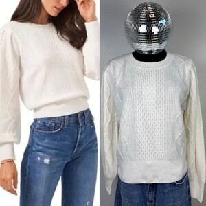 1 STATE Variegated Cables Crewneck Sweater Antique‎ White, Size M Cottagecore